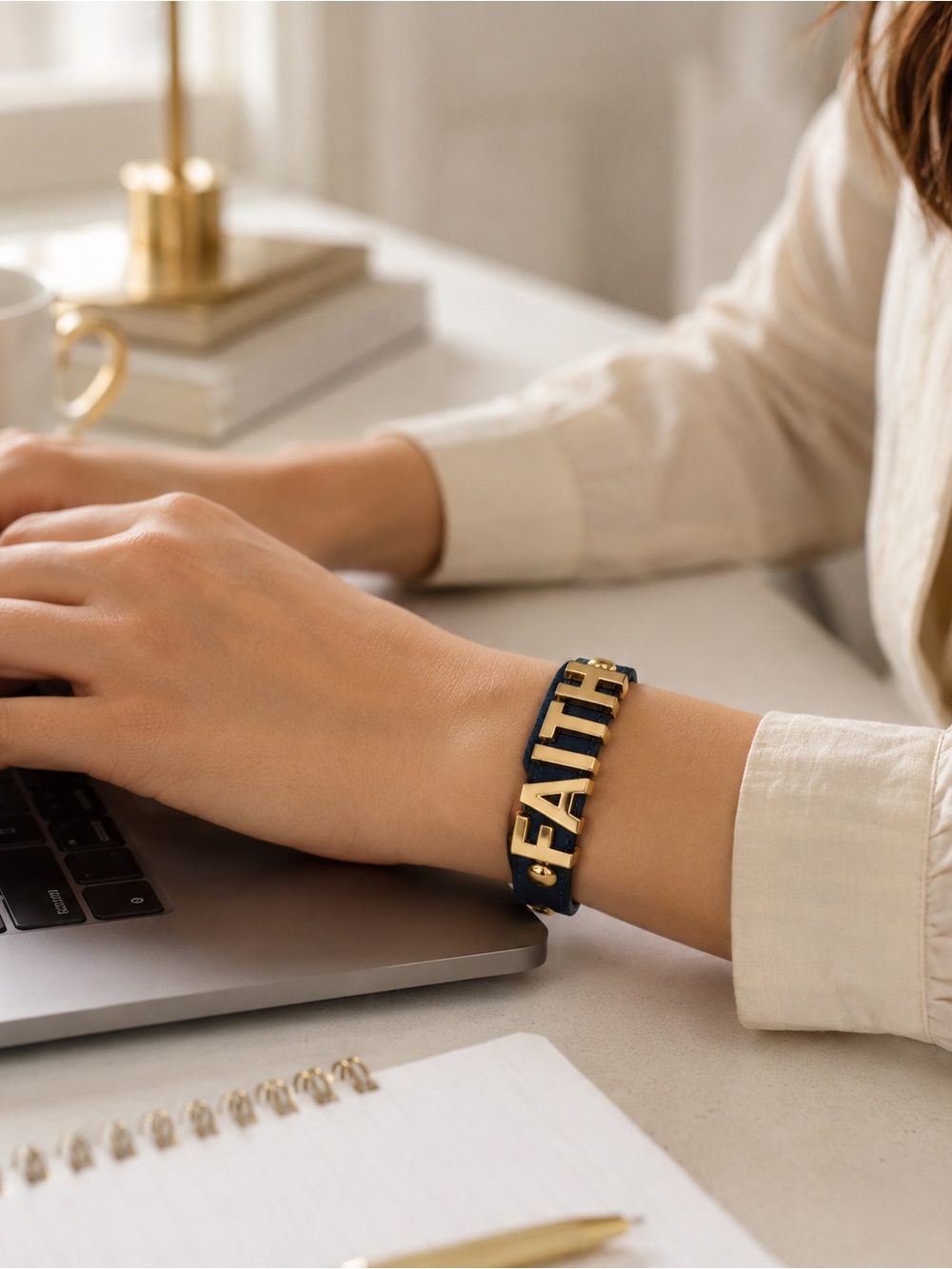 BCBGeneration FAITH Bracelet Gold Letters Navy Blue Faux Leather NWT - Picture 5 of 13